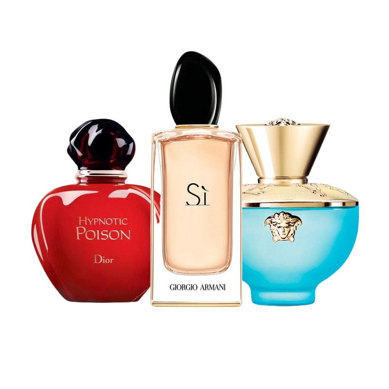 Coffret de 3 parfums Dior HYPNOTIC POISON, Giorgio Armani SÌ e Versace DYLAN TURQUOISE 100ml