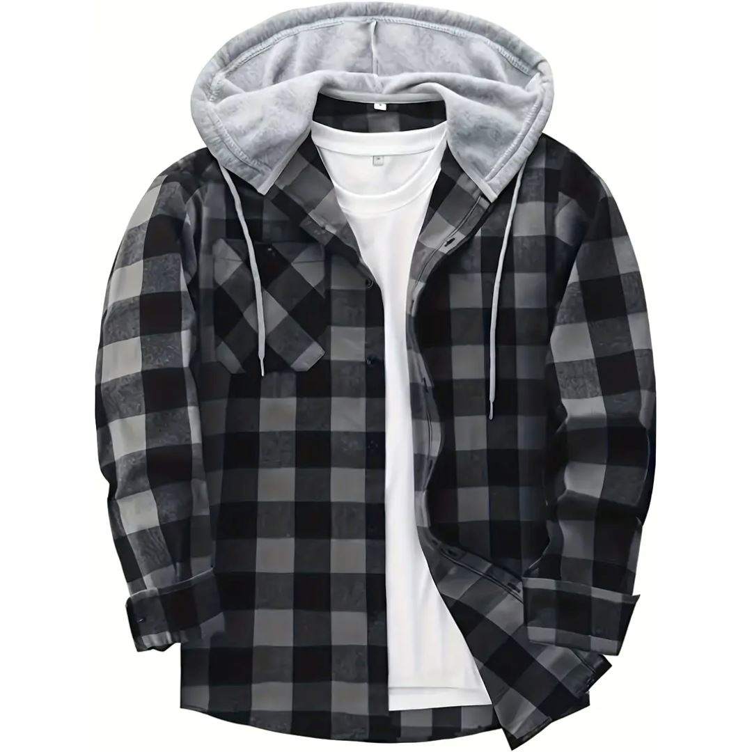 Men's Hooded Jacket Coat Plaid Cold Weather Blouse