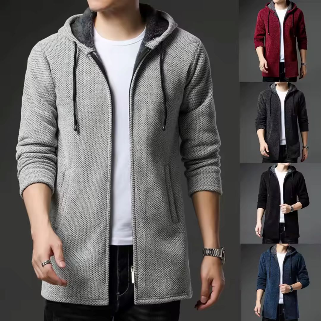 Men's Quilted Wool Cardigan With Hood and Zipper