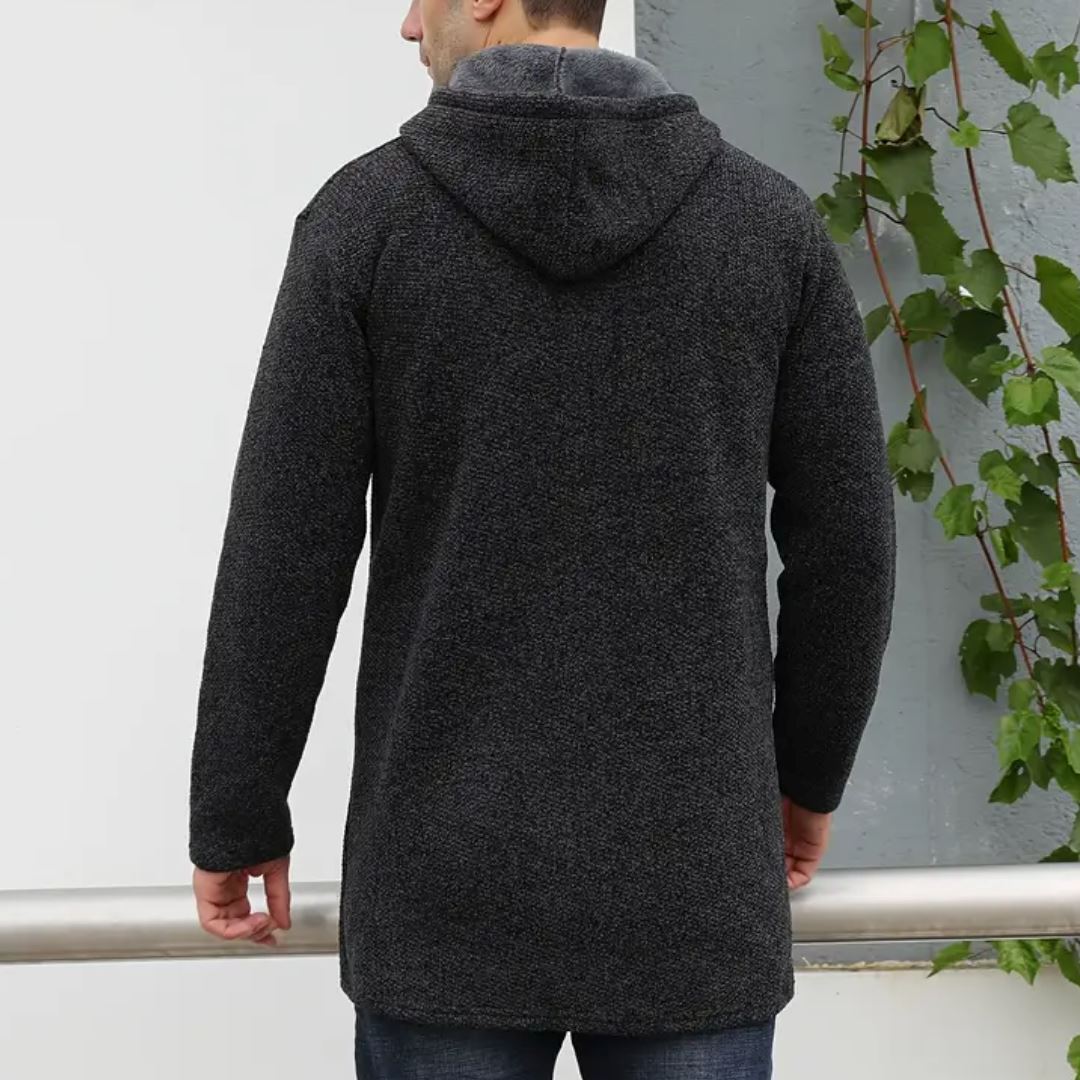 Men's Quilted Wool Cardigan With Hood and Zipper