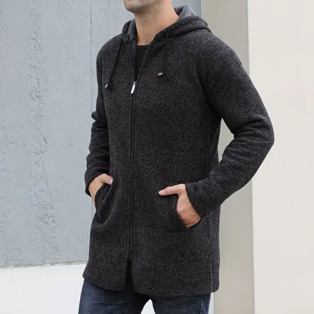 Men's Quilted Wool Cardigan With Hood and Zipper