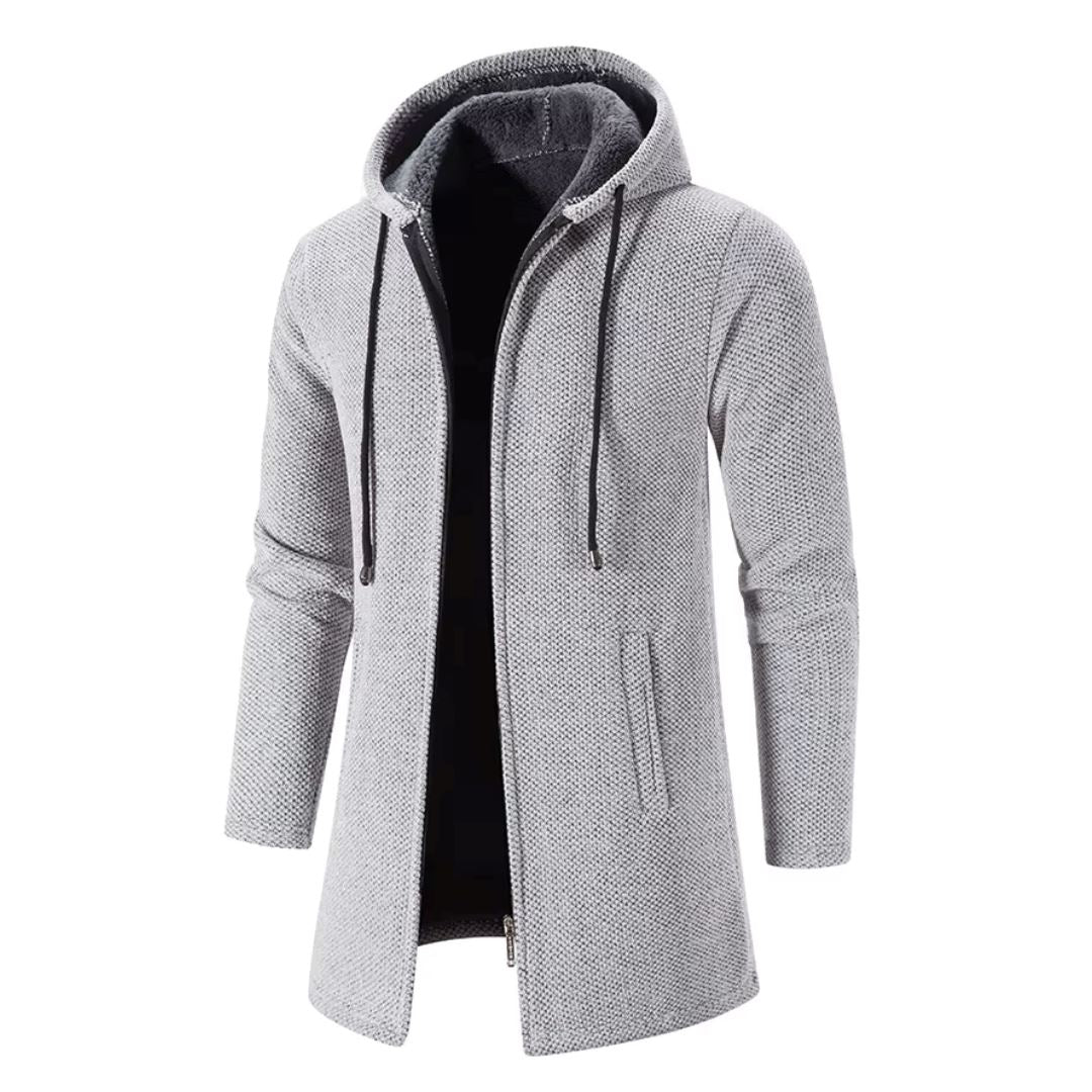Men's Quilted Wool Cardigan With Hood and Zipper
