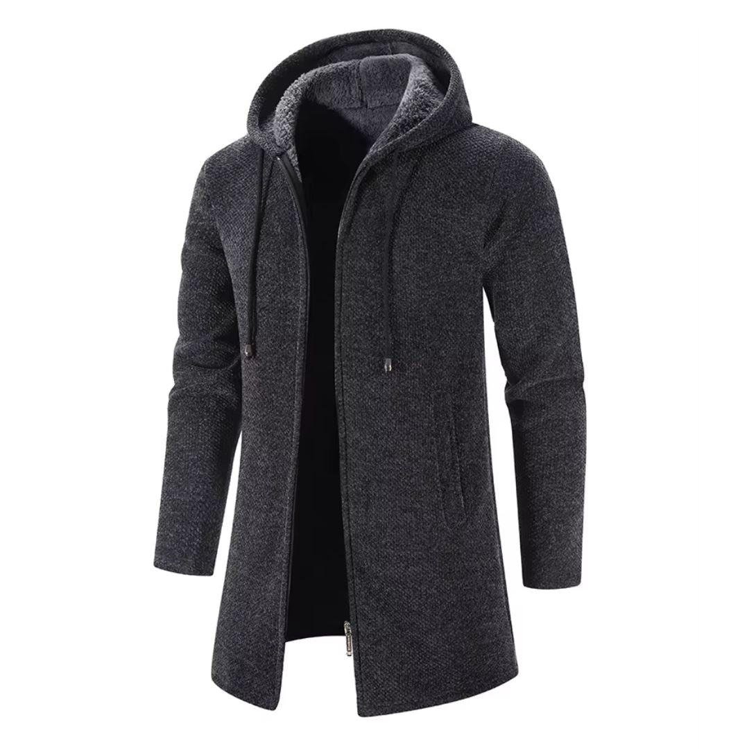 Men's Quilted Wool Cardigan With Hood and Zipper