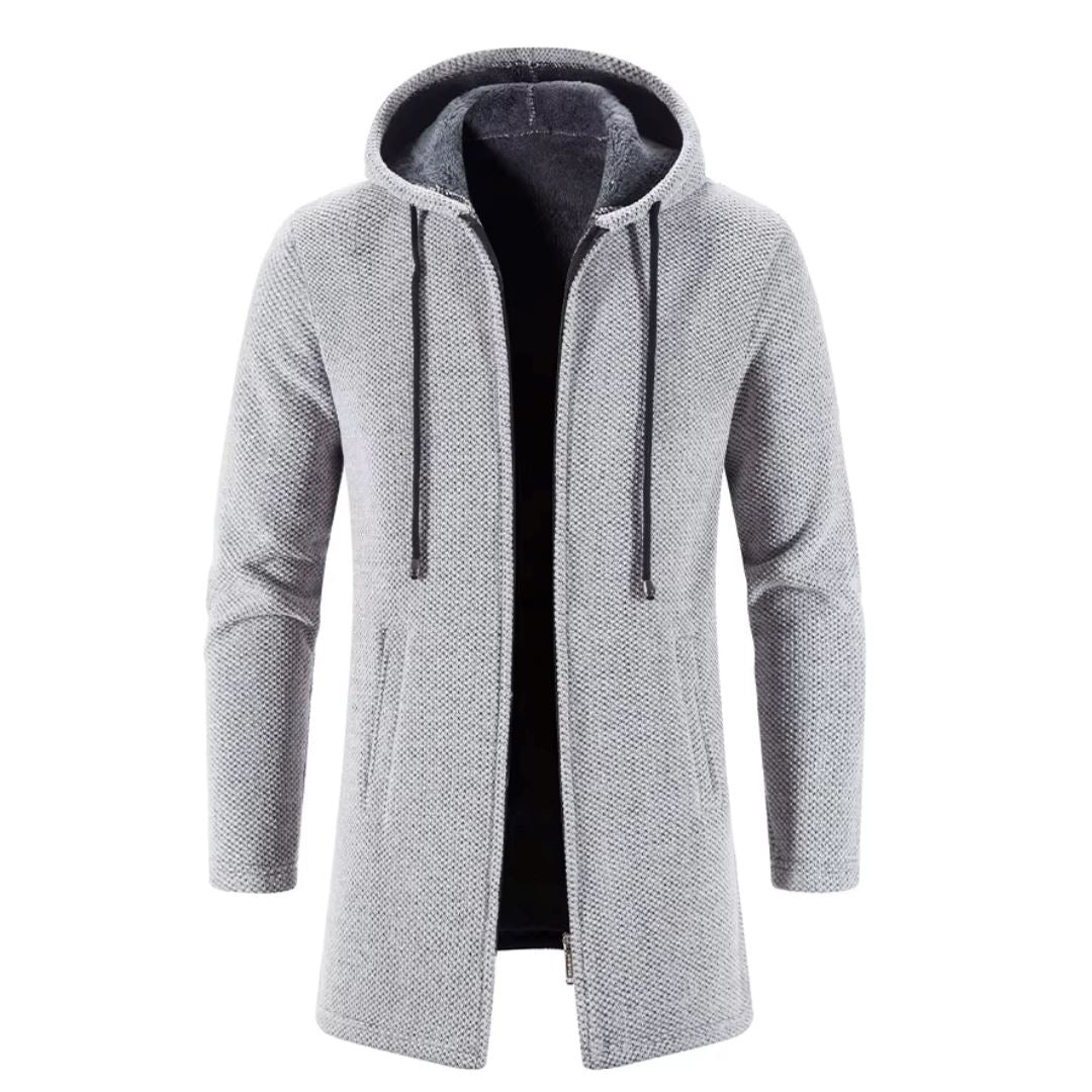 Men's Quilted Wool Cardigan With Hood and Zipper