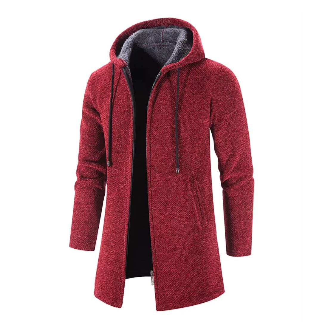 Men's Quilted Wool Cardigan With Hood and Zipper
