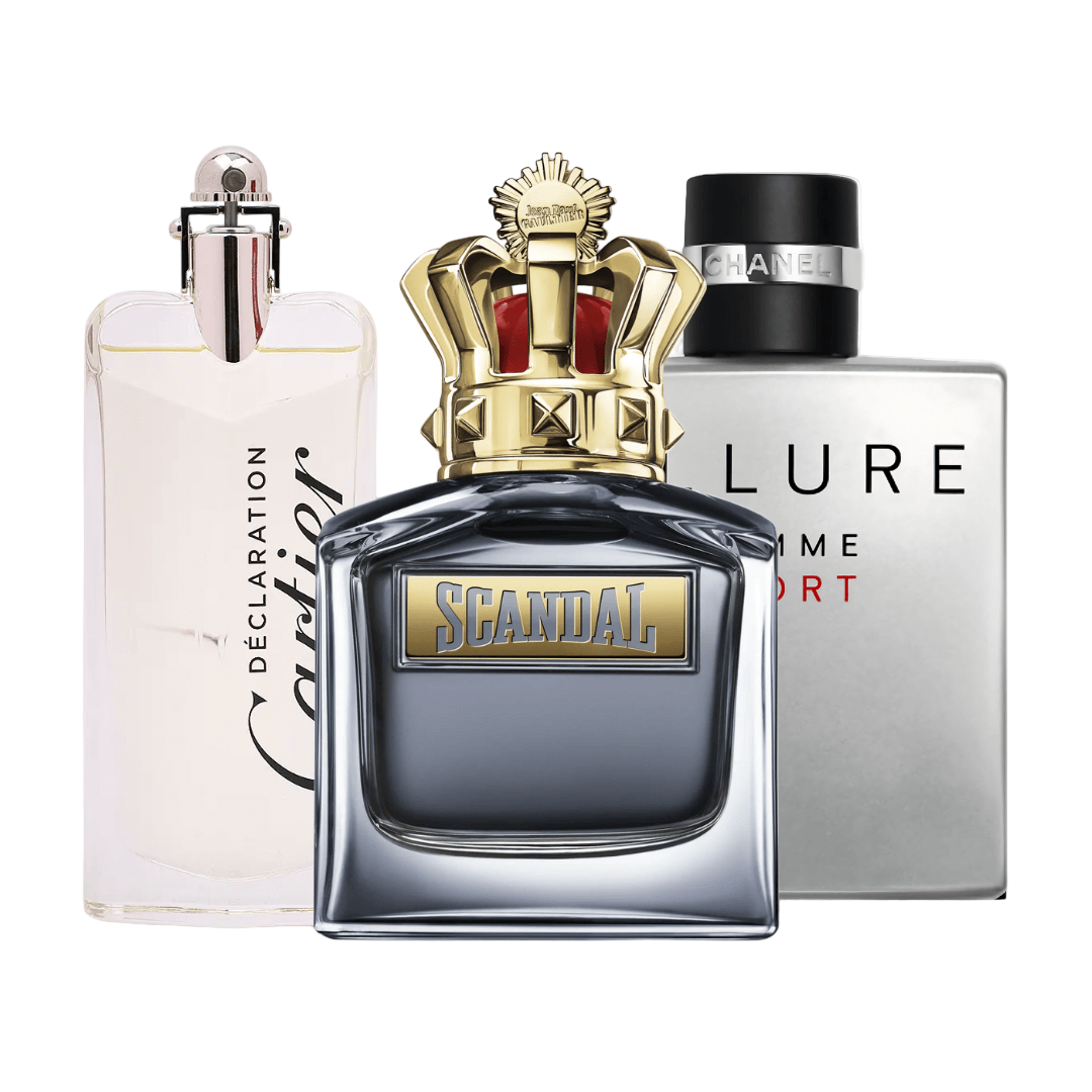 Coffret de 3 parfums Allure Homme Sports, Jean Paul Gaultier Scandal, Cartier Declaration 100ml