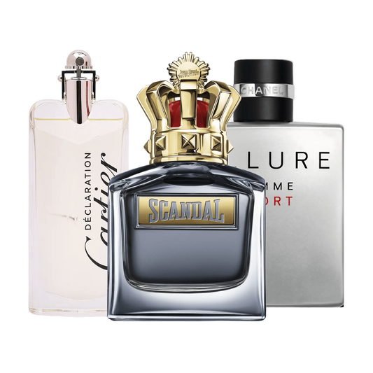Coffret de 3 parfums Allure Homme Sports, Jean Paul Gaultier Scandal, Cartier Declaration 100ml