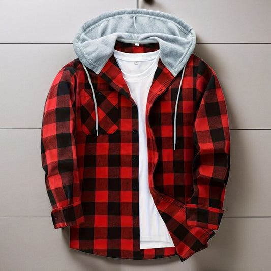 Men's Hooded Jacket Coat Plaid Cold Weather Blouse