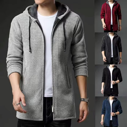 Men's Quilted Wool Cardigan With Hood and Zipper