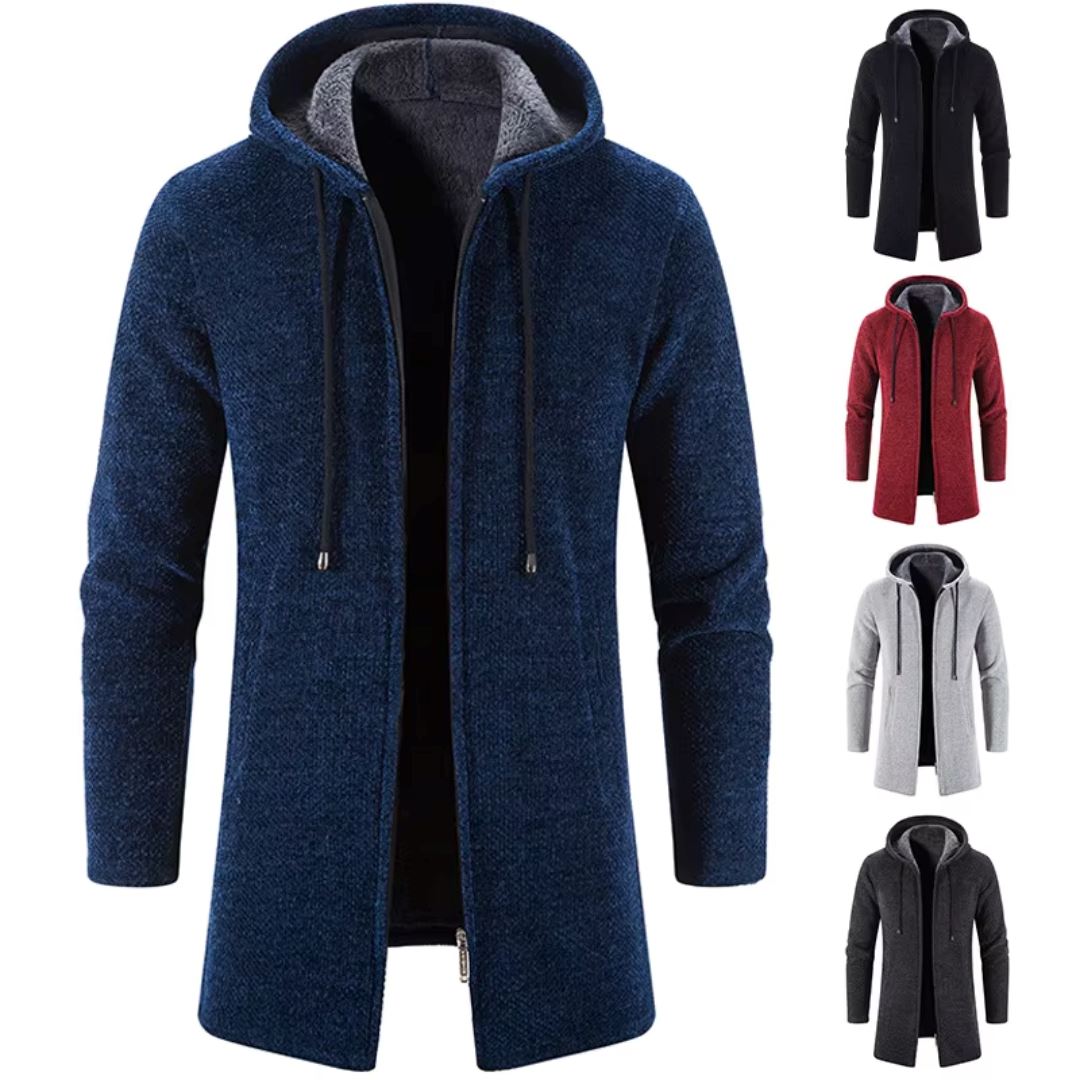 Men's Quilted Wool Cardigan With Hood and Zipper