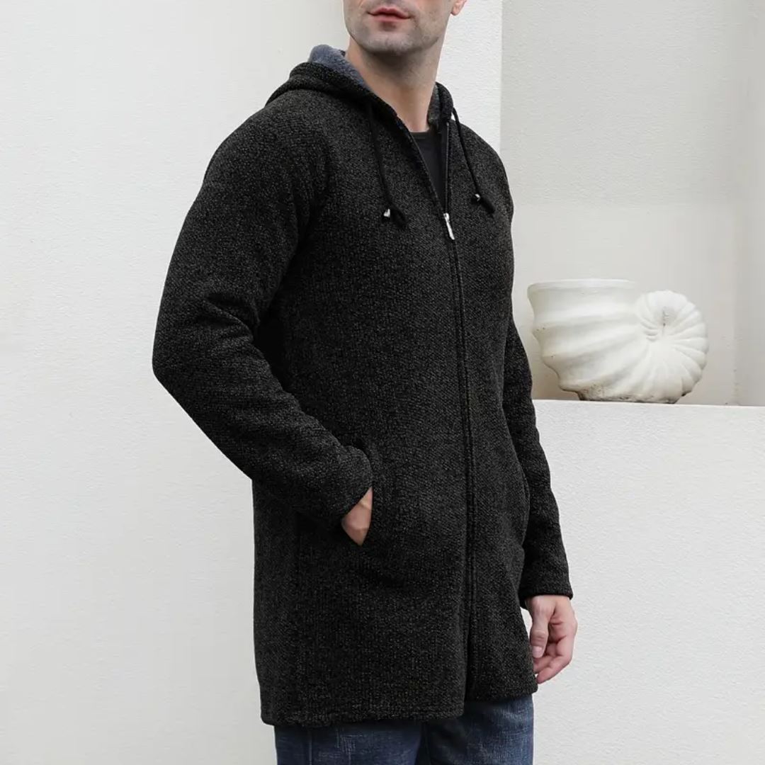 Men's Quilted Wool Cardigan With Hood and Zipper