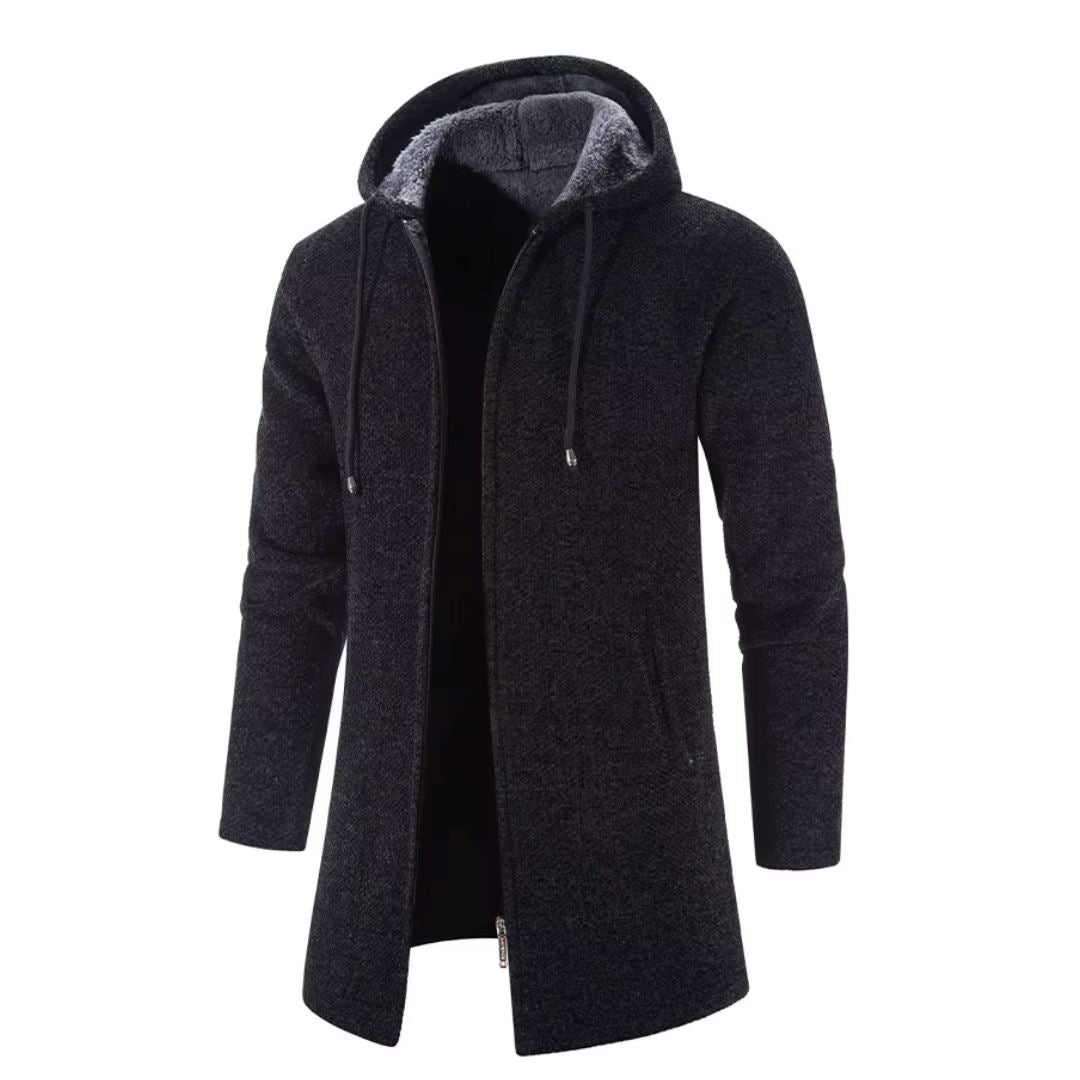 Men's Quilted Wool Cardigan With Hood and Zipper